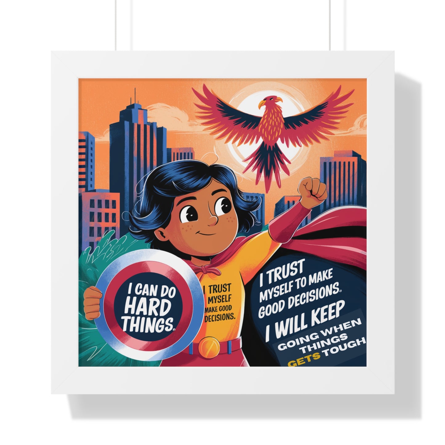 Superhero Confidence Framed Horizontal Poster for Kids- "I Can Do Hard Things" Inspirational Artwork