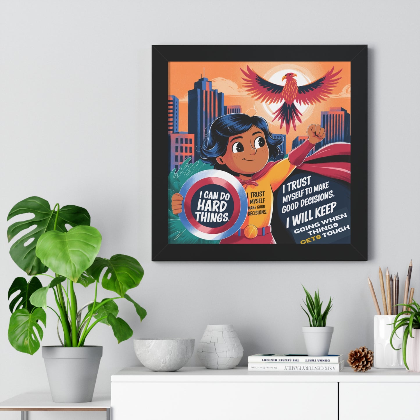 Superhero Confidence Framed Horizontal Poster for Kids- "I Can Do Hard Things" Inspirational Artwork