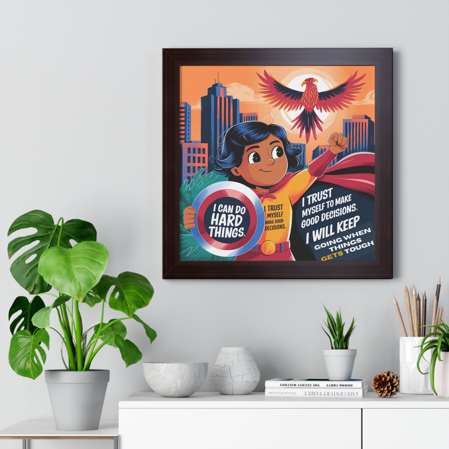 Superhero Confidence Framed Horizontal Poster for Kids- "I Can Do Hard Things" Inspirational Artwork