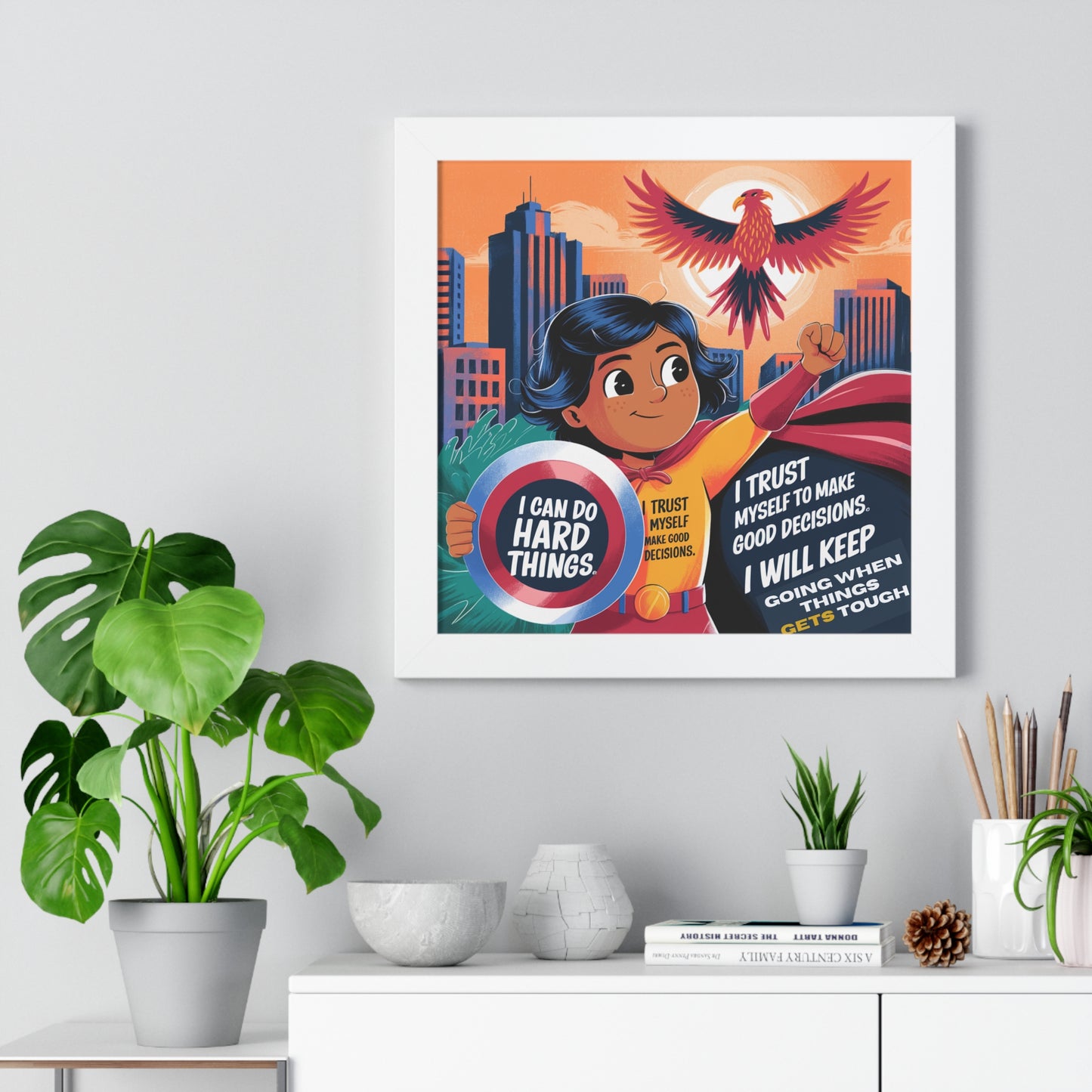 Superhero Confidence Framed Horizontal Poster for Kids- "I Can Do Hard Things" Inspirational Artwork